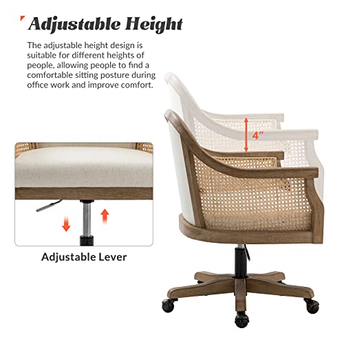 HULALA HOME Rattan Desk Chair, Upholstered Home Office Chair, Vintage Office Chair with Armrest, Adjustable Swivel Rolling Height Task Chair for Living Room Bedroom Study Room, Ivory HULALA HOME