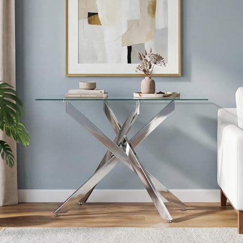Giantex Glass Console Table, 45" Modern Entryway Table w/Clear Tempered Glass Top & Heavy Duty Metal Tubular Legs, Accent Sofa Tables, Behind Couch Tables for Living Room, Entrance, Hallway, Silver Giantex
