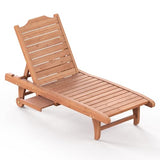 EUNHOO Wooden Chaise Lounge Chair, 3-Position Adjustable Outdoor Tanning Chair with Hidden Side Tray & Wheels, Poolside Patio Sun Chair