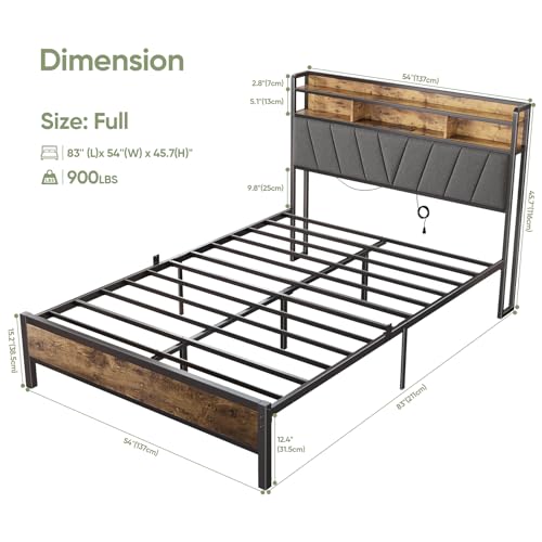 Welzona Full Size Bed Frame with Headboard, LED Lights Full Bed Frames with Charging Station, 2-Tier Storage Shelves, Heavy Duty Metal Slats, Noise-Free, No Box Spring Needed, Easy Assembly, Brown Welzona