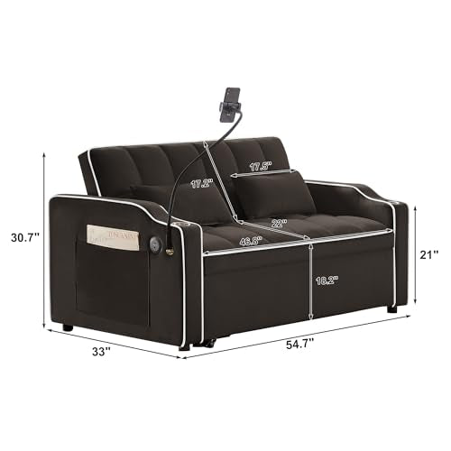 3-in-1 Convertible Loveseat Sleeper Sofa with Cup Holders & Phone Holder, Futon Couch with Pull Out Bed and Adjustable Backrest, Modern Velvet Chaise Lounge for Living Room Bedroom (Brown, 54.7") SLEERWAY