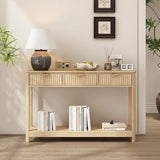 RUSTOWN Fluted Wood Console Table with 3 Drawers, Boho Narrow Behind Couch Entryway Table with Open Storage Shelf, Modern Sofa Table for Living Room, Foyer and Hallway (Natural Wood) RUSTOWN