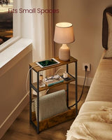 VASAGLE Side Table with Charging Station, Narrow End Table, 3-Tier Nightstand, Sofa Table for Small Spaces, Magazine Rack, for Living Room, Bedroom, Study, Rustic Brown and Ink Black ULET335K01 VASAGLE