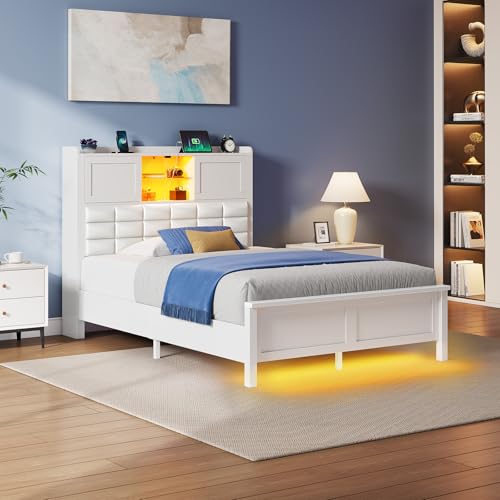 Rolanstar Bed Frame Twin Size with Charging Station, Bookcase Headboard Bed with LED Light and Sliding Doors, Platform Bed with Wooden Slats, No Box Spring Needed, Noise Free, White Rolanstar