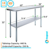 AmGood Stainless Steel Work Table with Undershelf | Food Prep NSF | Utility Work Station | (60" Length X 18" Width) AmGood