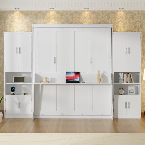 PVWIIK Queen Size Murphy Bed with Storage Drawers & Desk,Wall Bed Frame Folding into Cabinet Design w/Charging Station & Storage Shelf for Small Space,Bedroom,Guest Room,White PVWIIK