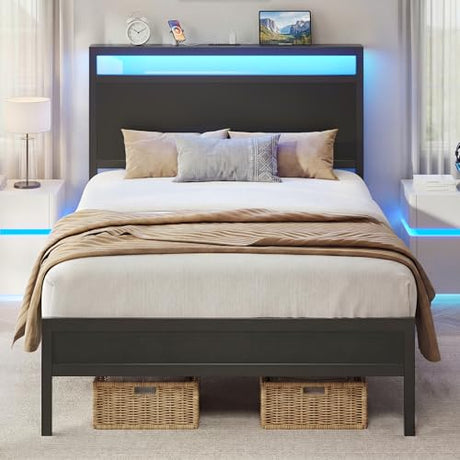 Fluest Twin Bed Frame with Headboard & Footboard, Twin Bed Frame with Charging Station & LED Light, Under-Bed-Storage, No Box Spring Needed, Noise Free, Easy Assembly, Classic Black Fluest