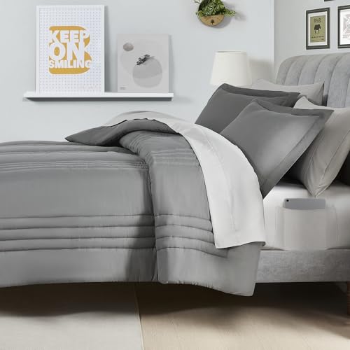Queen Comforter Set Quilted Stripe Bedding Bundle – Comforter, Mattress Protector, Sheets with Pockets on the Side & Built-in Corner Strap – Fitted Sheet Media Pocket for Devices, Gray/Silver Sweet Home Collection