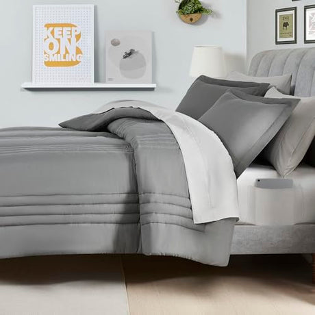 Queen Comforter Set Quilted Stripe Bedding Bundle – Comforter, Mattress Protector, Sheets with Pockets on the Side & Built-in Corner Strap – Fitted Sheet Media Pocket for Devices, Gray/Silver Sweet Home Collection