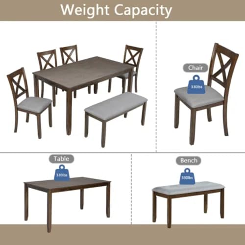 Trygoal 6-Piece Dining Table Set for 4-6 People, Kitchen Set with 4 Upholstered Chairs and One Bench, Living Room Chairs with X-Shape Backrest, Rectangular Wooden Table for Home Bar, Walnut Trygoal