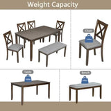 Trygoal 6-Piece Dining Table Set for 4-6 People, Kitchen Set with 4 Upholstered Chairs and One Bench, Living Room Chairs with X-Shape Backrest, Rectangular Wooden Table for Home Bar, Walnut Trygoal