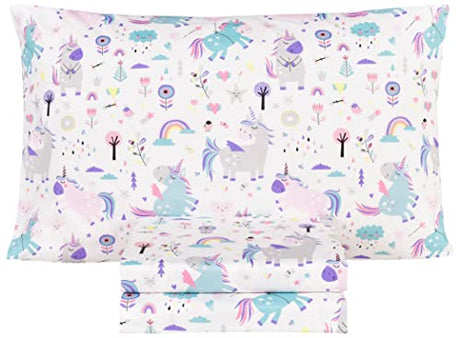 Scientific Sleep Cute Unicorn Flower Rainbow 100% Cotton Cozy Twin Bed Sheet Set, Flat Sheet & Fitted Sheet & Pillowcase Natural Bedding Set (Unicorn, Twin) Scientific Sleep