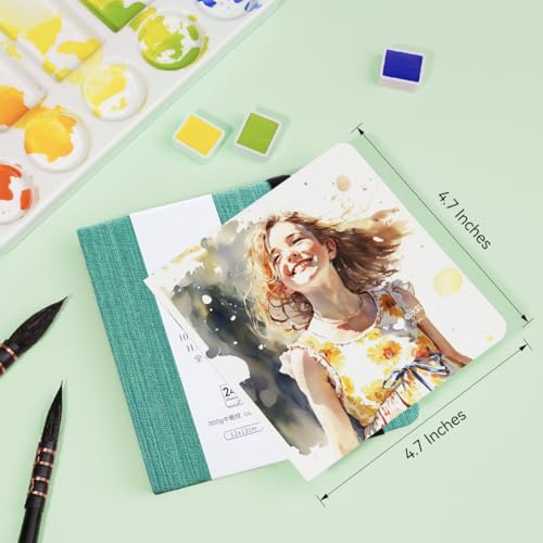 Lightwish Square Watercolor Journal,100% Cotton,300gsm/140lb,Acid-Free,24 Sheets Cold Press Watecolor Paper Sketchbook for Artists Adults Students,4.7 * 4.7 Inches LIGHTWISH