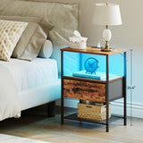 TRIFEBLE Night Stand Set 2, End Table with Charging Station, LED Bedside Table with Fabric Drawer for Bedroom, 3-Tier Side Table with Open Shelf, Rustic Brown TRIFEBLE