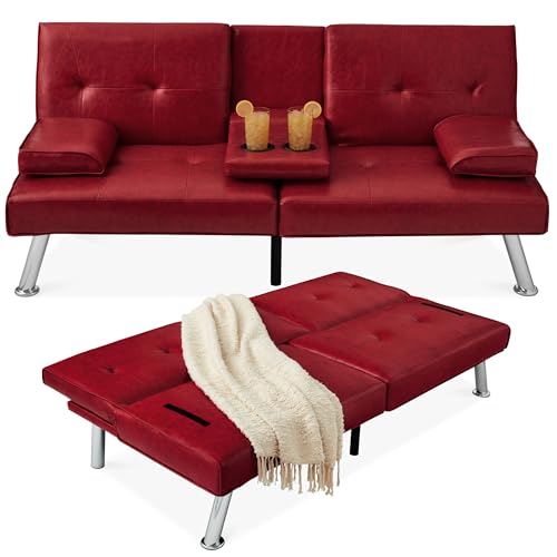 Best Choice Products Faux Leather Upholstered Modern Convertible Futon, Adjustable Folding Sofa Bed, Guest Bed w/Removable Armrests - Burgundy Best Choice Products