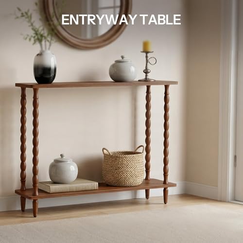 HOOBRO 39.4'' Console Table, 2-Tier Entryway Table Sofa Table with Storage, Mid-Century Modern Behind Couch Table with Rubberwood Leg for Living Room, Hallway, Foyer, Walnut WL105XG01 HOOBRO