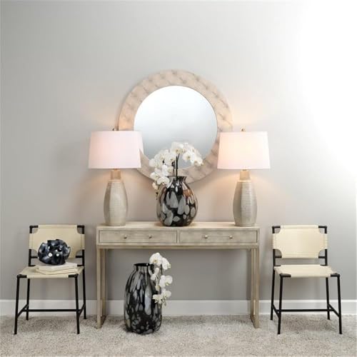 Eden Home 2-Drawer Faux Leather Console Table, Cream and Champagne Finish, 31" H x 48" W x 17" D, Clear Acrylic Handles, Iron Base, Transitional Style for Living Room or Entryway Storage Eden Home
