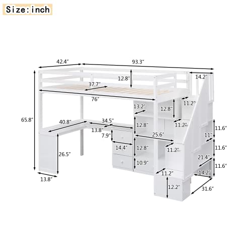 Merax Twin Size Wood Loft Bed with L-Shaped Desk, Storage Staircase and Drawers in White - WoodArtSupply