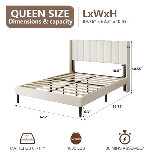 Queen Size Bed Frame with Vertical Chanel Tufted Headboard and Wingback, Upholstered Platform Bed, Strong Wooden Slats, Easy Assembly, Noise Free, No Box Spring Needed, Beige Velvet HAOARA
