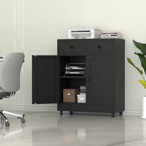 JINKUR Metal Storage Cabinet with 2 Drawers and Adjustable Shelf, Sideboard Buffet Cabinet for Home, Office, Hallway, Entryway, Living Room, Kitchen Pantry and Dining Room (Black) JINKUR