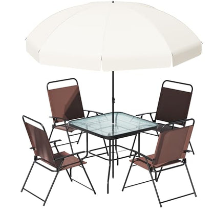 Amopatio Patio Dining Set for 4, Outdoor Table and Chairs with Umbrella, 4 Folding Dining Chairs & Glass Table for Lawn, Deck, Garden, Backyard, Deck, Brown, Patio Furniture Set - WoodArtSupply