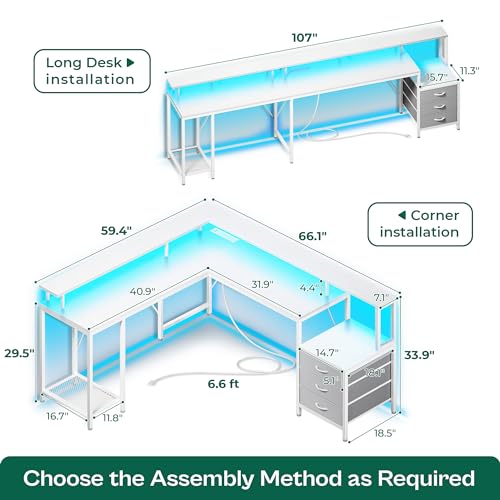 Huuger L Shaped Gaming Desk with LED Lights and Power Outlets, Computer Desk with 3 Drawers, 66.1 Inches Corner Desk, Home Office Desk with Printer and Monitor Stand, Large Storage Space, Whi - WoodArtSupply
