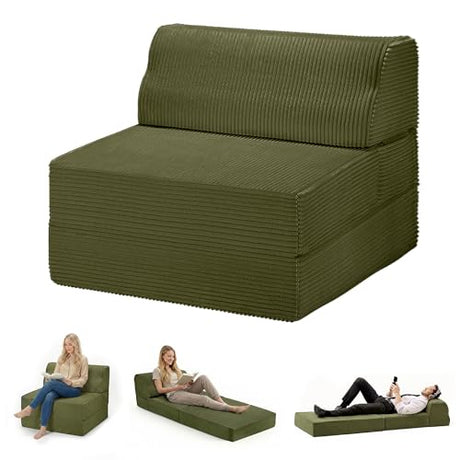 Kasunpul Folding Sofa Bed with Pillow, Memory Foam Fold Out Chair Bed, Convertible Sleeper Chair with Washable Cover, Futon Floor Couch for Living Room/Dorm/Guest Use/Home Office/Apartment, Green Kasunpul