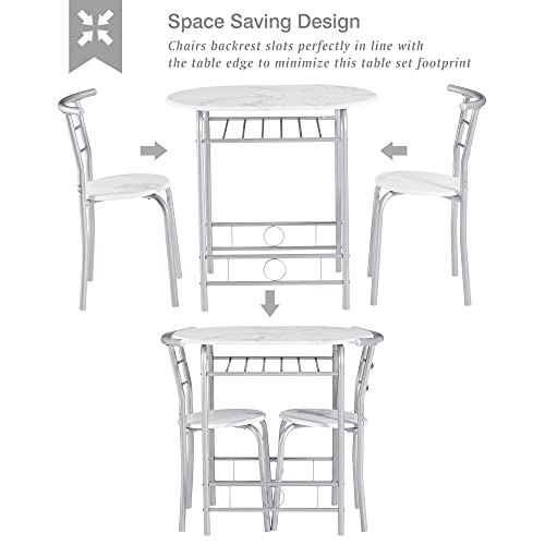 VECELO 3-Piece White & Silver Dining Table Set with Built-in Wine Rack for Small Spaces VECELO