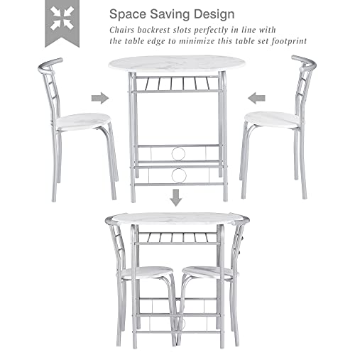 VECELO 3-Piece White & Silver Dining Table Set with Built-in Wine Rack for Small Spaces - WoodArtSupply