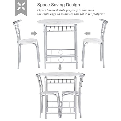 VECELO 3-Piece White & Silver Dining Table Set with Built-in Wine Rack for Small Spaces - WoodArtSupply