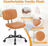 Sweetcrispy Small Office Desk Chair - Armless PU Leather with Comfy Lumbar Support, Height Adjustable Rolling Swivel Task for No Arms, for Adult, Student, Bedroom, Home, Vanity, Brown Sweetcrispy