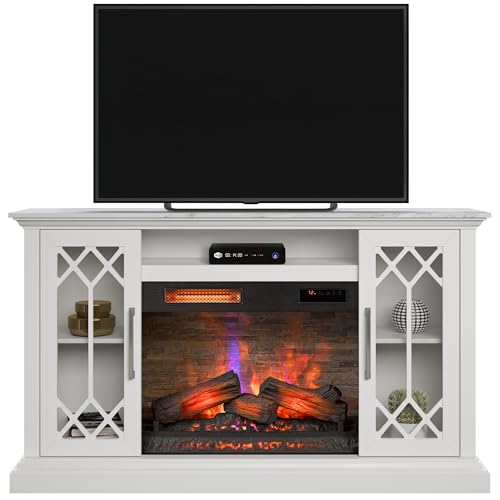 duraflame® Electric Fireplace Farmhouse Media Console for 65 Inch TVs with Glass Doors, Bright White Duraflame