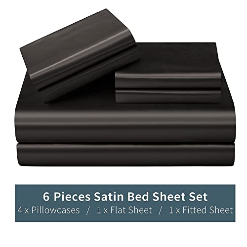 P Pothuiny 6 Pieces Queen Satin Sheets Luxury Silky Black Satin Bedding Sheet Set, 1 Deep Pocket Fitted Sheet + 1 Flat Sheet + 4 Pillow Cases P Pothuiny