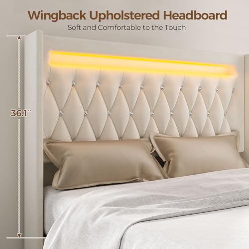 Rolanstar Twin Bed Frame with LED Light and Charging Station, Upholstered High Headboard and Footboard, Wood Slats, Noise Free, Easy Assembly, Beige Rolanstar