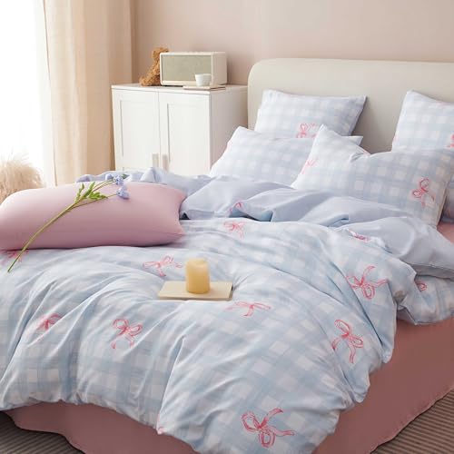Bildenly Blue Plaid Twin Comforter Set - Pink Bow Quilt Bedding Set 2 Pieces, Gingham Comforter Set Twin Size, Soft & Lightweight Comforter(68‘’ x 90‘’) for Girl All Season & 1 Pillowcase(30‘’x20‘’) Bildenly