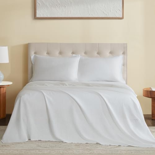 DAPU Pure Linen Sheets Set, 100% French Linen From Normandy, Breathable and Durable For Hot Sleepers, 4 Pcs Set - 1 Flat Sheet, 1 Fitted Sheet, 2 Pillowcases (White, Queen) DAPU