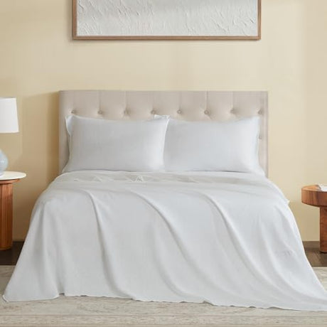 DAPU Pure Linen Sheets Set, 100% French Linen From Normandy, Breathable and Durable For Hot Sleepers, 4 Pcs Set - 1 Flat Sheet, 1 Fitted Sheet, 2 Pillowcases (White, Queen) DAPU