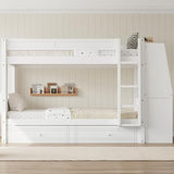 LUMISOL Full Over Full Bunk Bed with Desk and Bookshelves, Solid Wood Bunk Bed with Drawers for Kids Teens Adults, Safety Guardrail, Space-Saving Wooden Bunk Beds with Storage, White LUMISOL