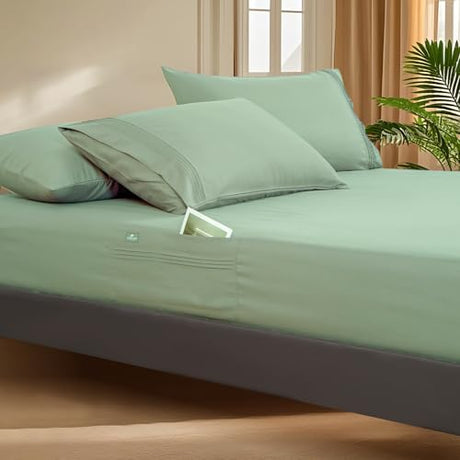 Popfavor Deep Pocket Full Fitted Sheet with Straps - Fits Mattresses Up to 21" Thick - 3 Piece Bed Sheets - Moisture Wicking, Cooling & Soft Fitted Sheet & Pillow Cases (Light Green) Popfavor