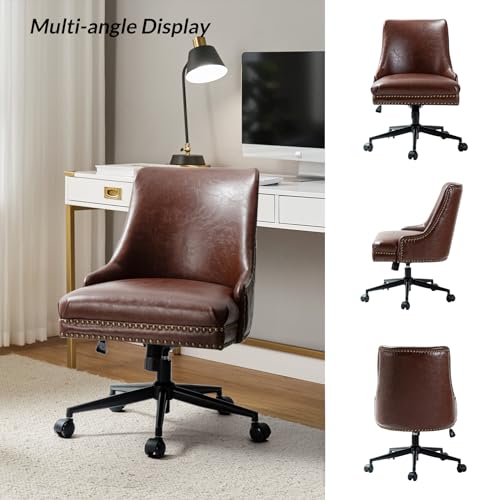 Faux Leather Home Office Chair with Black Metal Base and Nailhead, Modern Comfy Ergonomic Desk Chair with Adjustable Height/Tilt, 360-Degree Swivel, Armless Cute Decoration, Brown TINA'S HOME