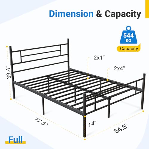 Avenco Metal Platform Bed Frame Full Size with Classical Headboard and Footboard, 14 Inch, Under Bed Storage, Strong Metal Slats Support, Mattress Foundation, No Box Spring Needed Avenco