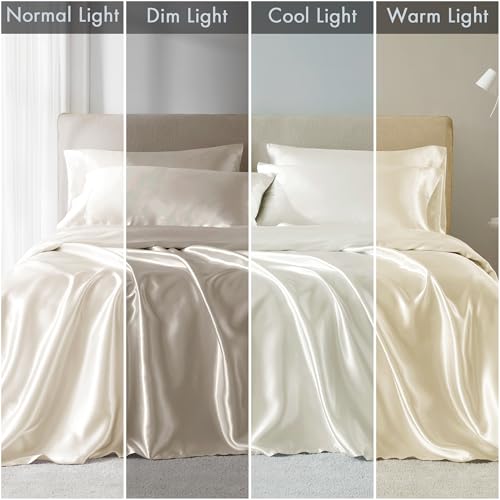 Madison Park Essentials Satin Sheet Set Luxury and Silky with Natural Sheen, Elastic 14" Pocket fits up to 16" Mattress, All Around Elastic - Year-Round Bedding, Full, Ivory, 6 Piece Madison Park