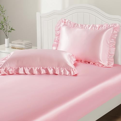 P Pothuiny 3-Piece Set Ruffle Satin Pillowcases & Full Fitted Sheet, Luxury Blush Pink Satin Fitted Sheet Silky Soft Cute Bedding Bedroom Dorm Decor, Wrinkle Free, 15 Inch Deep Pocket P Pothuiny