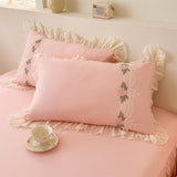 MOOWOO Flower Lace Ruffled Bedding Set- Sweet Girl Chiffon Ruffles Duvet Cover Set- 3PC(1 Full Duvet Cover 80x90 Inch, 2 Pillowcases) Aesthetic Bedding for Romantic French Wedding MOOWOO