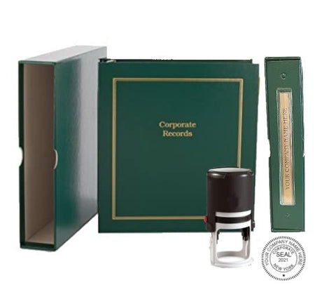 Corporate Kit (Green) - Binder, Slipcase, Minutes & Bylaws, Stock Certificates, Index Tabs & Black R-542 Self-Inking Corprate Seal Stamp Hubco
