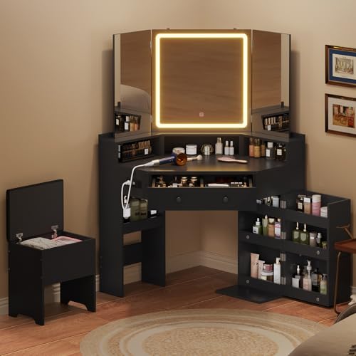 HAUOMS Corner Vanity Desk with Mirror and Lights, Power Outlet & Rotating Shelves, Makeup Vanities with Storage Bench, Drawers, 3 Light Settings, Dimmable for Women Girls, Black HAUOMS