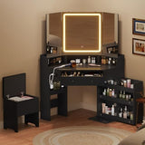 HAUOMS Corner Vanity Desk with Mirror and Lights, Power Outlet & Rotating Shelves, Makeup Vanities with Storage Bench, Drawers, 3 Light Settings, Dimmable for Women Girls, Black HAUOMS