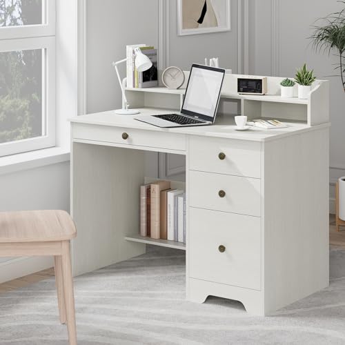 TTVIEW Computer Desk with Drawers and Hutch Shelf, Wood Executive Desk Writing Study Table with 43” Wide Tabletop, Small Desk with File Drawer for Home Office Bedroom, White Oak TTVIEW