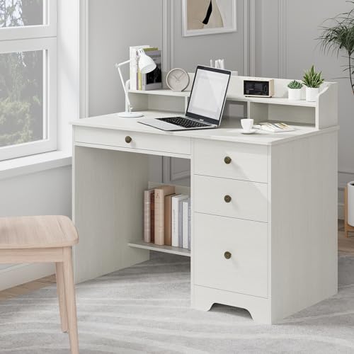 TTVIEW Computer Desk with Drawers and Hutch Shelf, Wood Executive Desk Writing Study Table with 43” Wide Tabletop, Small Desk with File Drawer for Home Office Bedroom, White Oak - WoodArtSupply