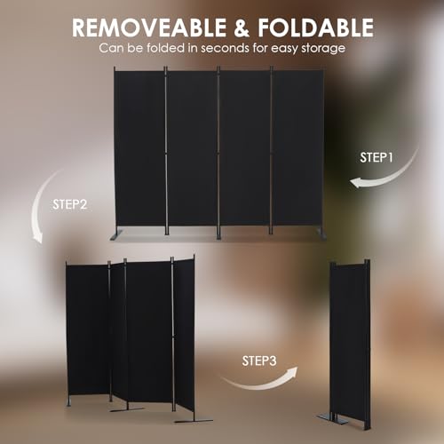 RANTILA 4 Panel Room Divider, 6 FT Folding Privacy Screen with Wide Feet, Freestanding Partition for Room Separation, Portable Room Divider Panel, 89" W x 71" H, Black RANTILA
